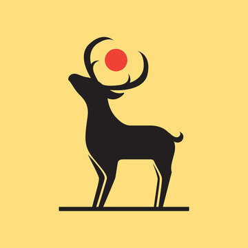 Minimalist black deer silhouette with a red sun between its antlers.