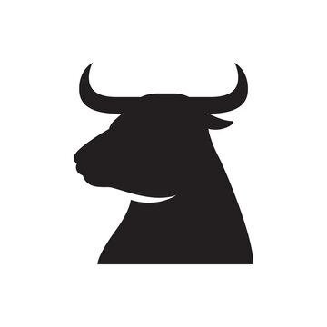Minimalist black bull head silhouette profile vector icon.