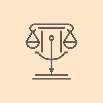 Minimalist line art icon of justice scales with a downward arrow.