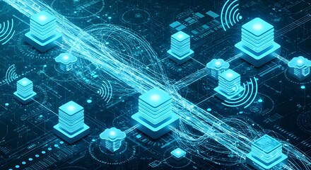 Digital Network of Futuristic Servers and Data Connections in Abstract Blue Technology Background