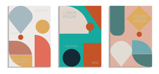 Creative geometric art prints. Minimalist cover templates. Company identity brochure template collection. Abstract geometry whit colored cityscape vector illustration on background.