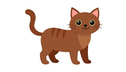 A cute cartoon cat with brown fur and stripes, standing with a happy expression on a white background