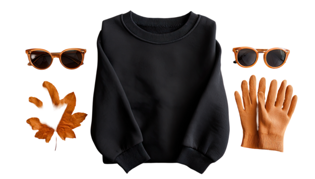 Autumnal clothing flatlay.  Dark sweatshirt, brown accessories