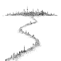 Fototapeta premium Cityscape sketch drawing of urban skyline with tower buildings and architecture illustration art design