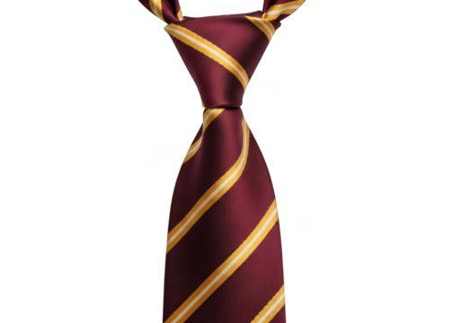 A burgundy and gold striped necktie, elegantly knotted, isolated on a transparent background, perfect for formal wear and business attire