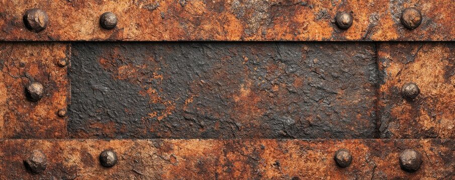 Western background design with grunge texture concept. Close-up of rusty metal surface with rivets and textured corrosion.