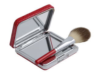 Red compact mirror with makeup brush
