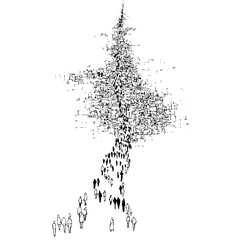 Crowd illustration drawing people walking architecture urban design black and white cityscape street view top down view