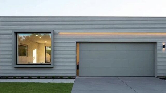 Modern garage with closed door and sleek car parked outside in residential area
