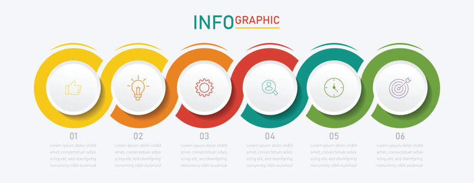 Business circle Infographic template. Timeline with 6 options, steps or processes. Business presentation. Creative design with marketing icons. Vector illustration.