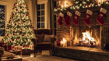 Cozy Christmas Eve Scene - A warm and inviting living room decorated for Christmas, featuring a brightly lit Christmas tree with ornaments and presents, a stone fireplace with stockings hanging - Powered by Adobe