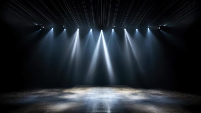 Dramatic stage lighting with spotlights beaming down from above. Wide-angle shot, perfect for a video backdrop or theatrical production setting. Live desktop wallpaper.