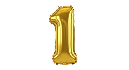 A shiny golden mylar balloon shaped like the number one floats against a pure white background