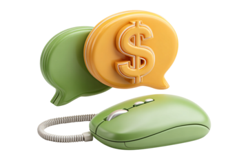 Online financial discussion with computer mouse and dollar speech bubble icon