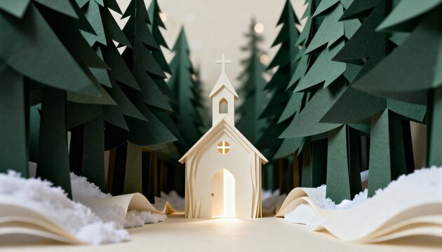 A small white church nestled in a snowy forest, with light emanating from its doorway - Powered by Adobe