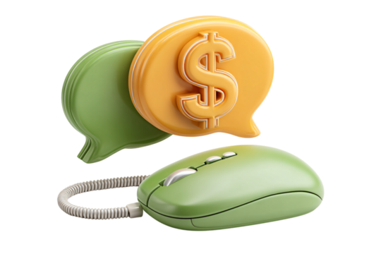 Online financial discussion with computer mouse and dollar speech bubble icon