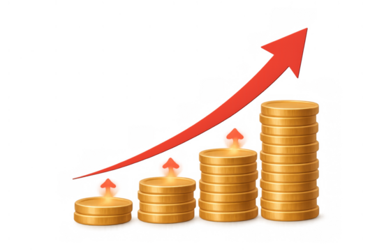 Stacks of gold coins showing increasing value and financial growth with a rising red arrow, symbolizing investment profit. Transparent background - Powered by Adobe