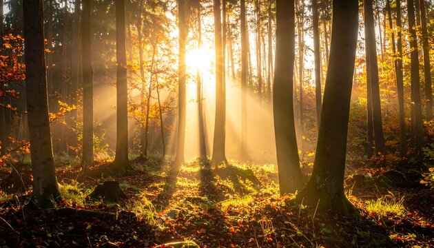 A forest scene, bathed in golden sunlight filtering through tall trees and autumn foliage. The ground is covered with leaves - Powered by Adobe