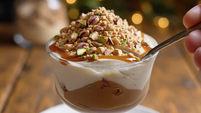 Gourmet Dessert Parfait with Nuts and Caramel - A close-up shot showcases a delicious parfait dessert served in a glass dish.