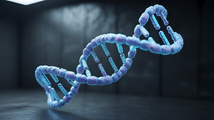 3D rendering of aDNA double helix with glowing blue strands , , science, biology, molecule, genetic code, research