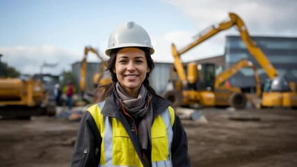 A mid-shot video frame of a smiling construction worker in safety gear, with blurred excavators in the background, conveying a dynamic work environment.