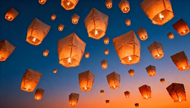 A multitude of glowing sky lanterns ascend into the twilight sky during a festival