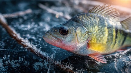 Caught Perch Resting on the Ice Beside Fishing Hole in Bright Winter Light and Realistic Frost Texture