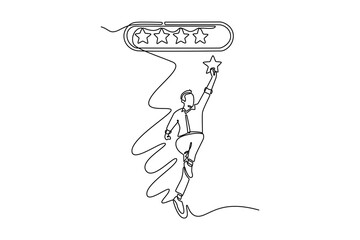 happy handsome mature man hold star. rating concept. Product rating concept. Single line draw design. Vector graphic illustration