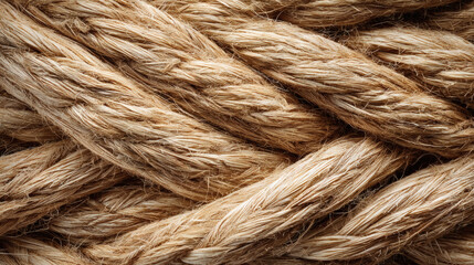 Fototapeta premium Close-up view of a thick, textured rope made of natural fibers, tightly wound.