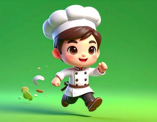 A cute cartoon chef with brown hair and rosy cheeks sprints forward against a vibrant green backdrop, arms and legs in motion