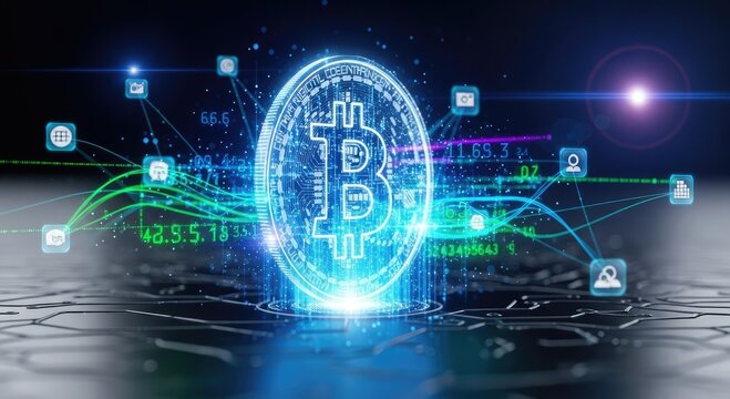 Glowing bitcoin symbol with digital network and data visualization effect