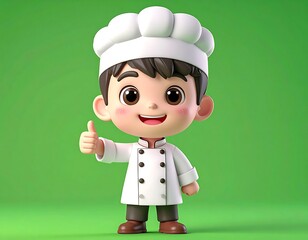 A cute cartoon chef with brown hair, in a white uniform, and a chef's hat gives a thumbs-up against a green background