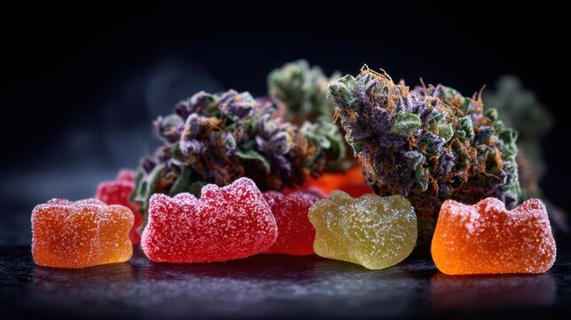 Artistic close-up of candy gummies and cannabis buds on a charcoal background with dramatic lighting
