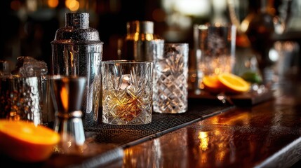 Assorted cocktail glasses and barware on a polished wooden bar with warm ambient lighting