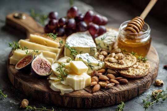 Assorted cheese platter featuring soft, aged, and blue cheeses with grapes and figs
