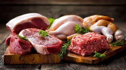 Assorted fresh meats and poultry collage on marble kitchen surface