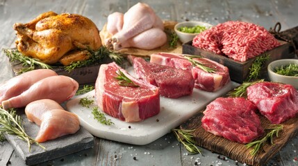 Assorted fresh meats and poultry collage on marble kitchen surface