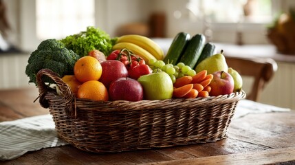 Assorted fresh produce arranged in a rustic basket for a healthy harvest scene