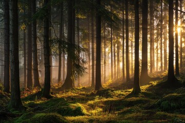 Atmospheric forest scene with sunbeams and mist in Baden-Wurttemberg