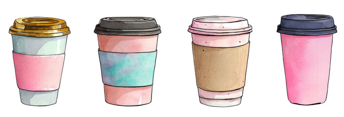 Coffee Cups Collection: A vibrant collection of takeaway coffee cups, each adorned with distinct colors and designs, standing as a creative representation of a delightful caffeine experience.