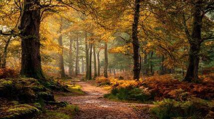 Autumn Light Through New Forest Trees with a Leaf-Strewn Path
