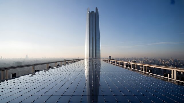 Modern Skyscraper Reflected on Rooftop Solar Panels , skyscraper, building, architecture, modern, city, 