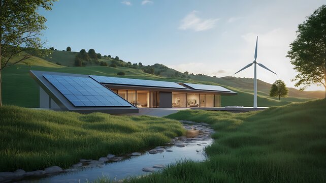 Modern house with solar panels and wind turbine by a stream , energy, eco-friendly, renewable - Powered by Adobe