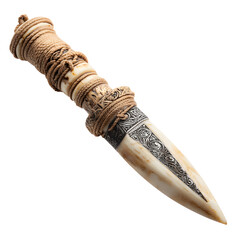 Ancient Ceremonial Dagger: An exquisite ceremonial dagger, its ivory handle intricately wrapped in twine, the blade adorned with detailed engravings, symbolizing tradition and artistry.