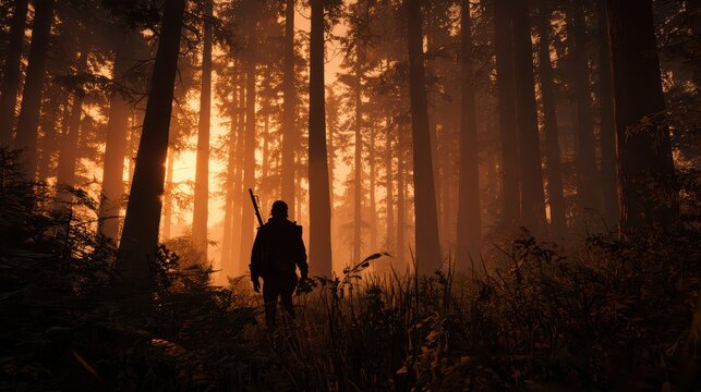 Backlit silhouette of a hunter in a serene forest at sunset - Powered by Adobe