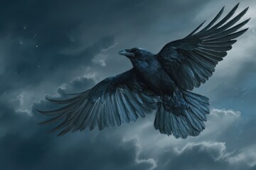 Obraz premium Black bird in midair showing underside wings and feather texture amid dramatic clouds