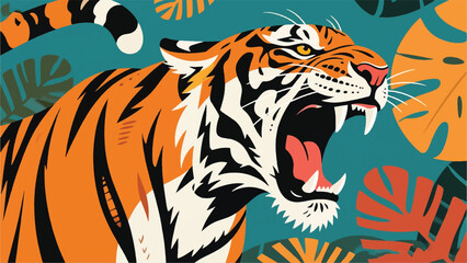 Tiger Roaring With Leaves Illustrator Artwork Banner Background Design Template 
