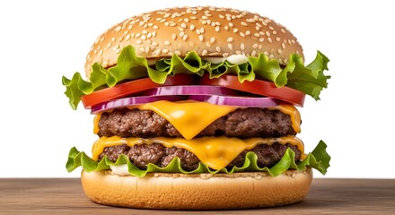 Juicy double cheeseburger with lettuce, tomato, and onion on a sesame seed bun