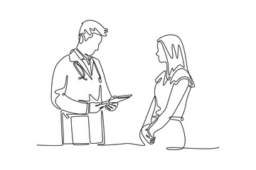 Obraz premium male doctor holding a clipboard explaining the diagnosis results to the patient. Doctor and patient concept. Single line draw design. Vector graphic illustration