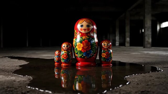 Matryoshka dolls displayed in dark space with reflection and moody lighting
